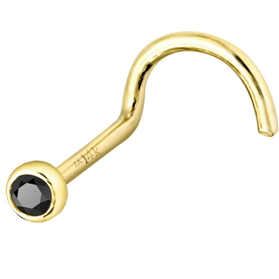 Solid 14K Yellow Gold Nose Screw Stud Bezel Set 1.5mm Black Diamond 22G Cork-screw Nose Stud - April Birthstone Nose Ring Stud NSBZ-BD15YG