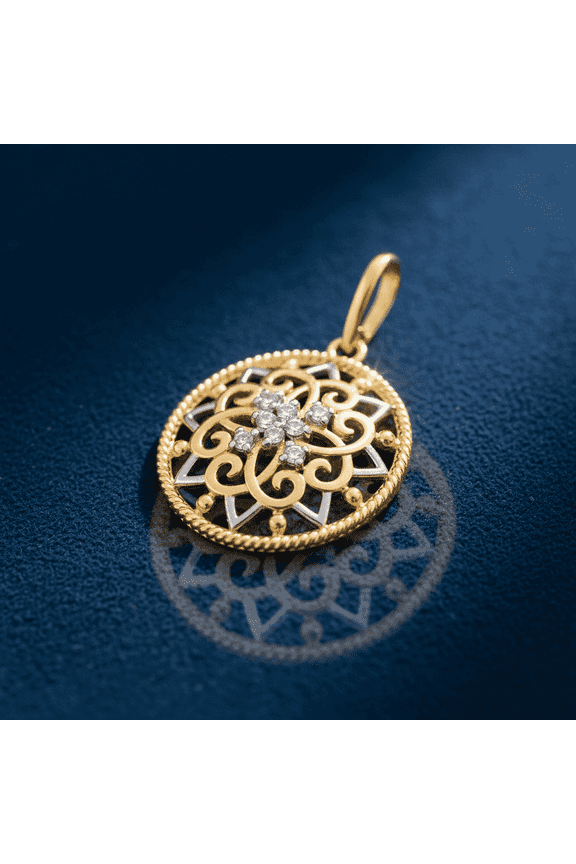 Solid 14K Yellow Gold Ornate Filagree Shield CZ Pendant