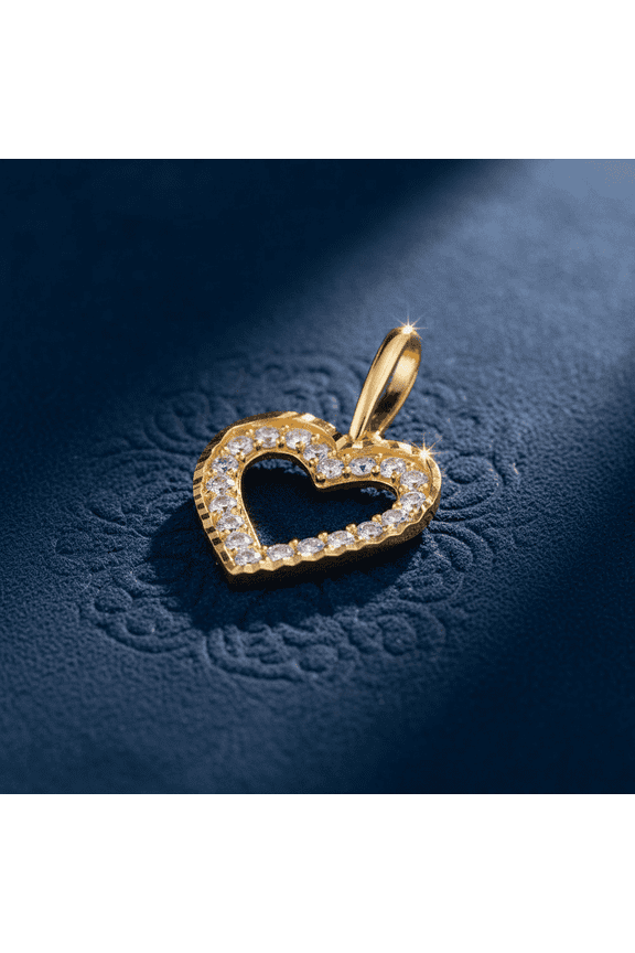 Solid 14K Yellow Gold Outline Heart CZ Pendant for Women and Teens