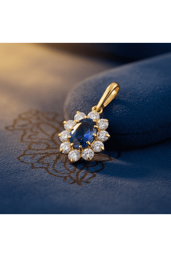 Solid 14K Yellow Gold Oval Blue Simulated Sapphire Pendant for Women and Teens