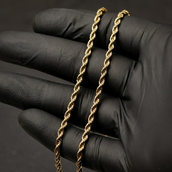 Solid 14K Yellow Gold Plated Heavy 316 Stainless Steel 3MM 18,20,22,24,26 or 30 Inch Hip Hop Old School Rope Chain Necklace