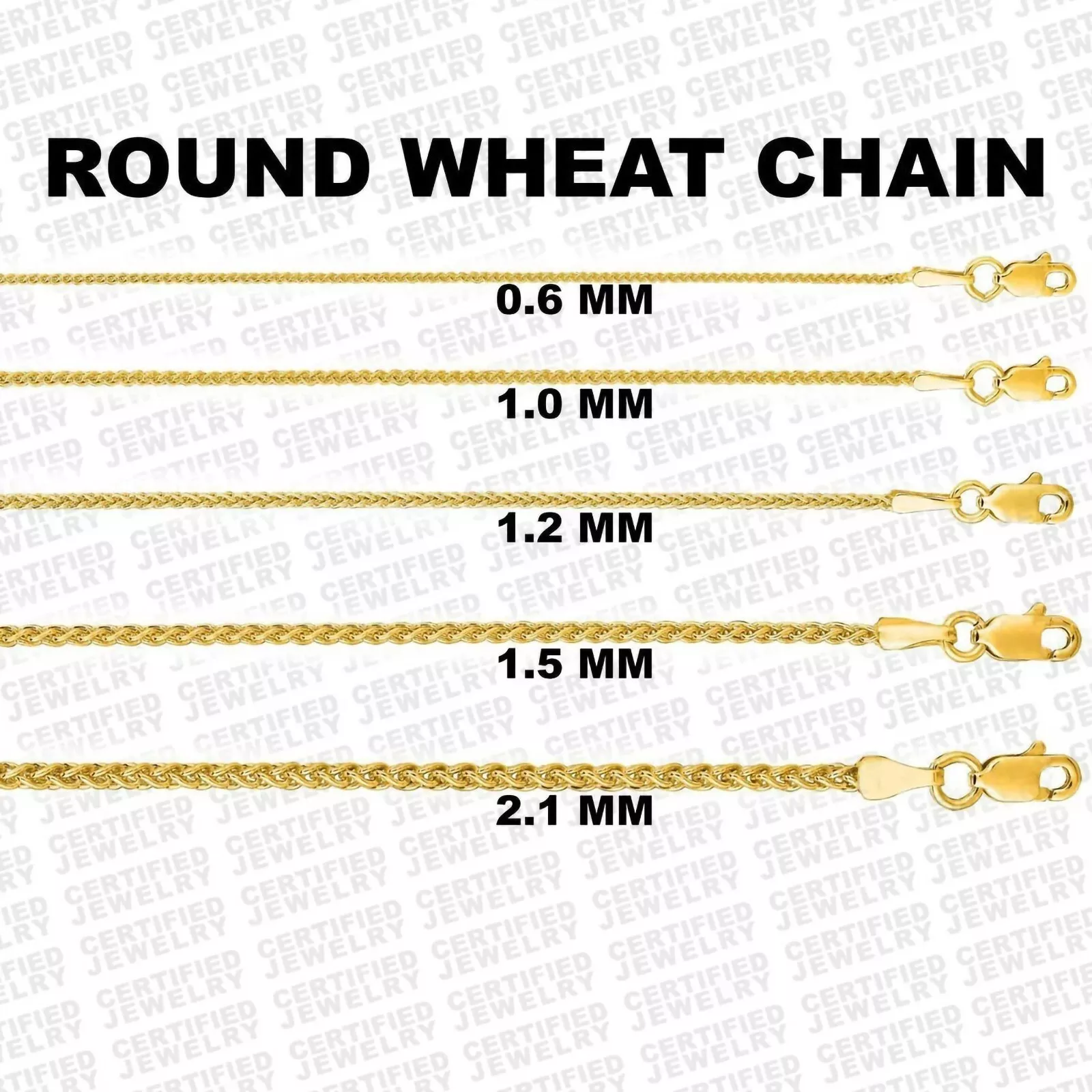 Solid 14K Yellow Gold Round Wheat Chain Necklace, 16”-30" Inches ,0.6mm To 2.1mm