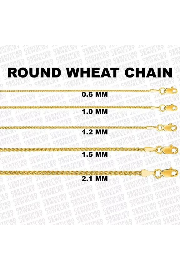 Solid 14K Yellow Gold Round Wheat Chain Necklace, 16”-30" Inches ,0.6mm To 2.1mm