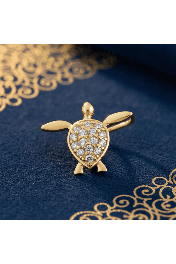 Solid 14K Yellow Gold Sea Turtle CZ Pendant for Women and Teens