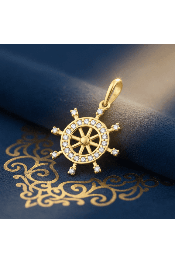 Solid 14K Yellow Gold CZ Nautical Ship's Wheel Pendant for Women and Teens