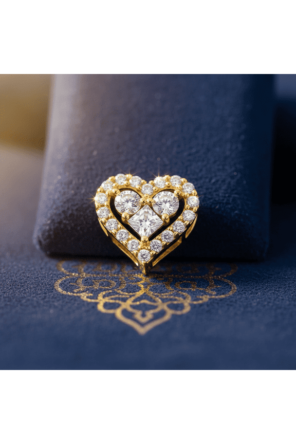 Solid 14K Yellow Gold Sparkle Heart Round & Princess Cut CZ Pendant for Women and Teens