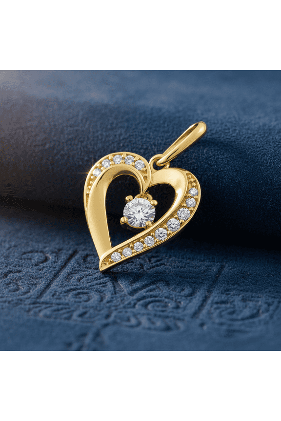 Solid 14K Yellow Gold Sparkling Heart CZ Pendant for Women and Teens