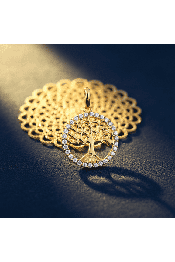Solid 14K Yellow Gold Tree of Life CZ Pendant for Women and Teens
