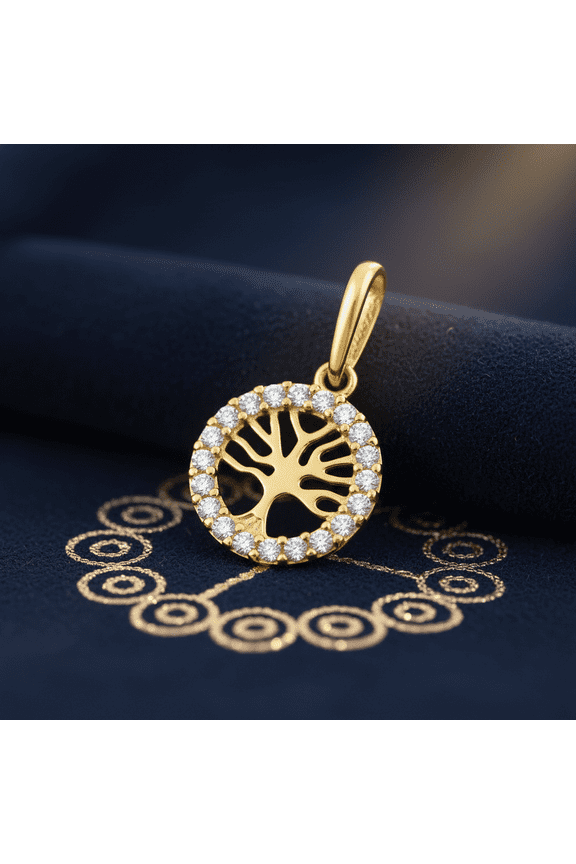 Solid 14K Yellow Gold Tree of Life Round CZ Pendant for Women and Teens