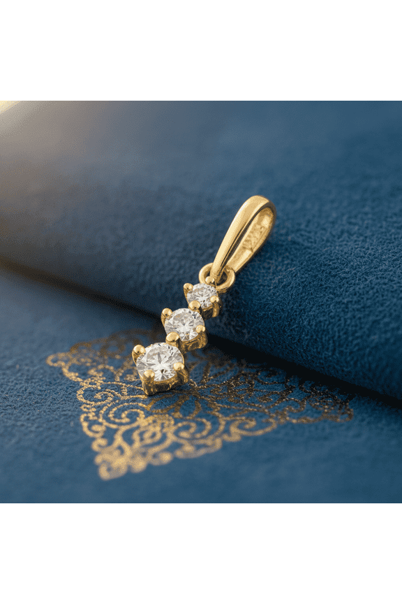 Solid 14K Yellow Gold Graduated Round CZ 3-Stone Drop Pendant for Women and Teens