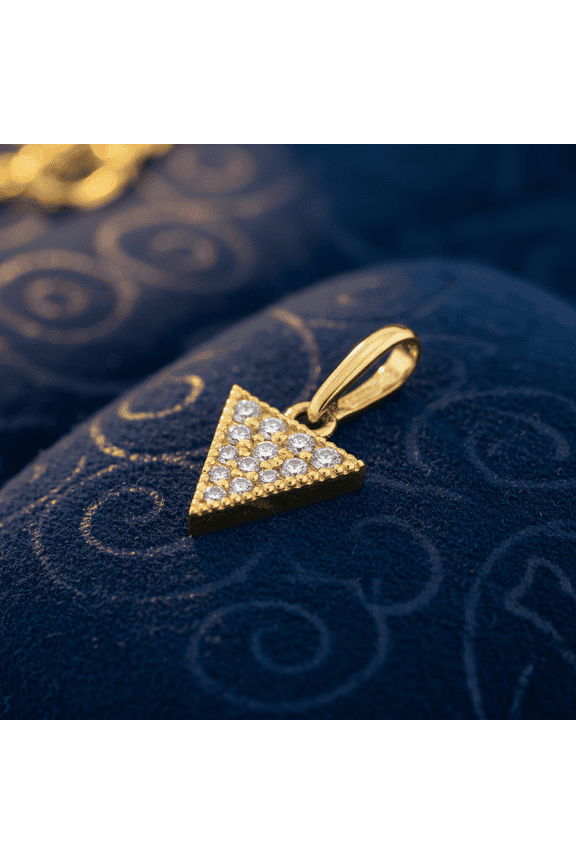 Solid 14K Yellow Gold Round CZ Pavé Triangle Pendant Charm for Women and Teens