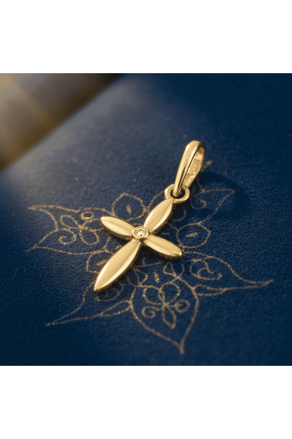 Solid 14K Yellow Gold Vintage Cross CZ Pendant for Women and Teens