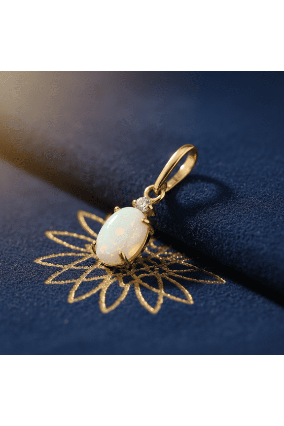 Solid 14K Yellow Gold White Opal and CZ Oval Pendant for Women and Teens
