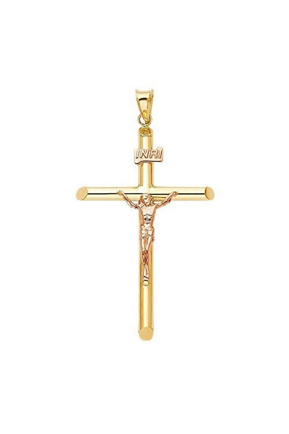 Solid 14K Yellow Rose Gold Crucifix Pendant - Jesus Image Engraved in Linear Cross Charm Pendant - Two Tone Fine Jewelry - Suitable for Men & Women - Great Gift for All Occasion, 43 x 32 mm, 2.4 gms