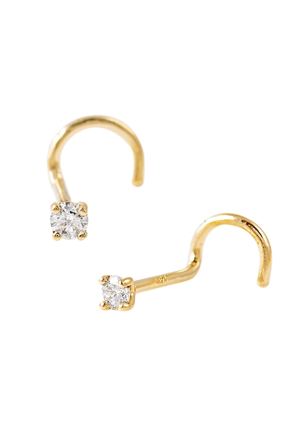 Solid 14Kt Gold Nose Nose Screw, 22G Nose Stud, 14kt Yellow Gold or 14kt White Gold Nose Ring Prong Set CZ Accent-Y1.5mm