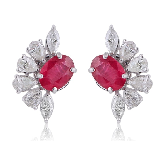 Solid 14Kt White Gold SI Clarity HI Color Pear & Marquise Diamond Oval Ruby Gemstone Stud Earrings Website Jewelry