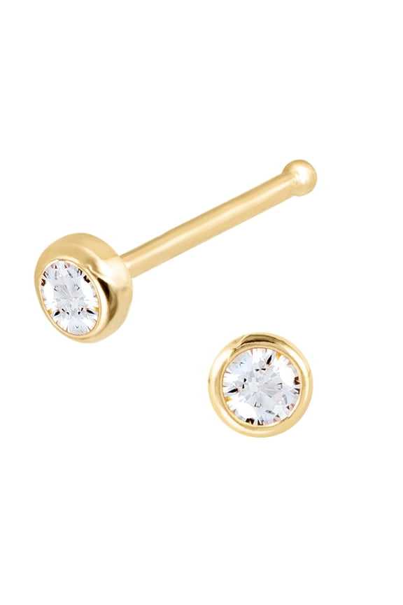 Solid 14Kt Yellow Gold 2mm Bezel set CZ Stud Nose Ring - 22G Nose Bone Stud - Ball End Nose Ring - Unisex Nose Piercing Jewelry