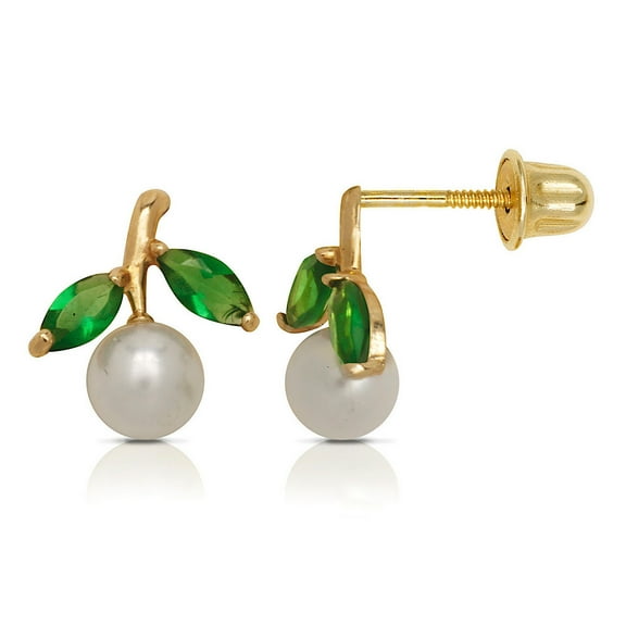 Solid 14k Cubic Zirconia Yellow Gold Two Stones With Pearl Screw Back Stud Earrings (12 Color) (may) Stud Earring for Wo