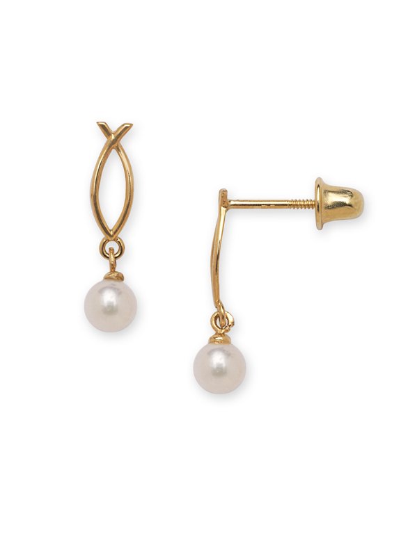 Solid 14k CZ Gold Animal Sealife Fish With Drop Pearl Screw Back Stud Earrings (yellow and White) (Yellow Gold) Stud Ear