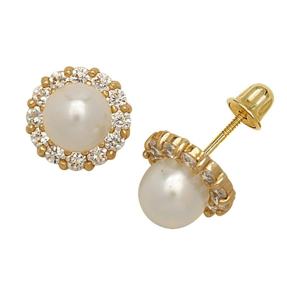 Solid 14k CZ Gold Twelve Stones Pearl Screw Back Stud Earrings (yellow and White) (Yellow Gold) Stud Earring for Women