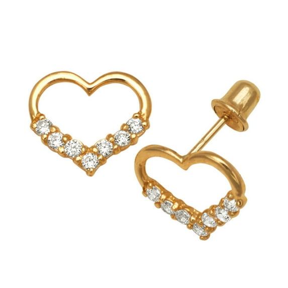 Solid 14k CZ Love Heart Shaped With Stones Screw Back Stud Earrings (yellow and White)-(Yellow Gold)-Stud Earring for Wo