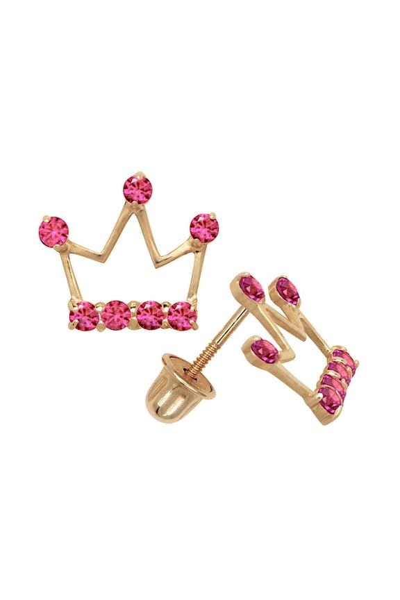 Solid 14k CZ Yellow Gold Crown Shape With Stones Screw Back Stud Earrings (3 Color) (pink)-Stud Earring for Women