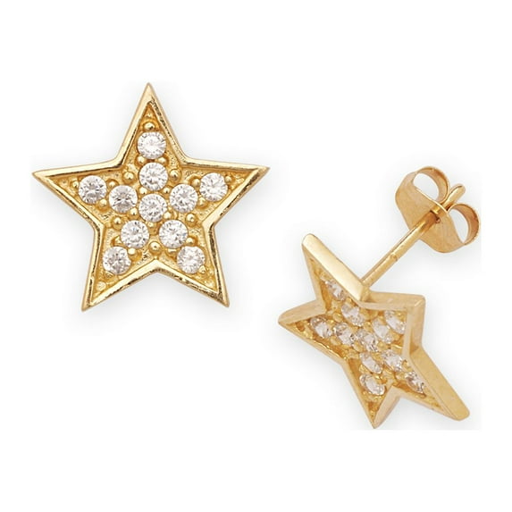 Solid 14k Cubic Zirconia CZ Beautiful Star Stud Earrings (yellow and White) Gift-(Yellow Gold)-Stud Earring for Women