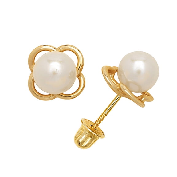 Solid 14k Gold Clover Floral 5mm Round Fw Cultured Pearl Screw Back Stud Earrings (Yellow Gold) Jewelry for Women