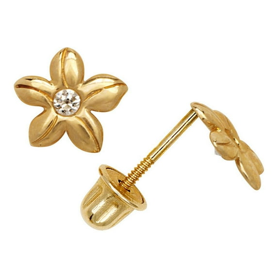 Solid 14k Gold Flower shaped CZ Screw Back Stud Earrings (yellow and White) Gift-(Yellow Gold)-Stud Earring for Women
