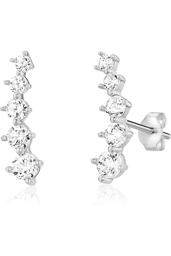 Solid 14k Gold Graduated Crawler Curved Bar Climber Five Stone Stud Earrings