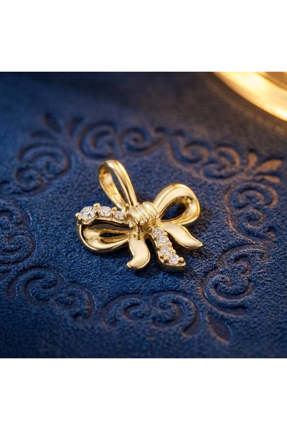 Solid 14k Gold Mini Bow CZ Pendant for Women and Teens