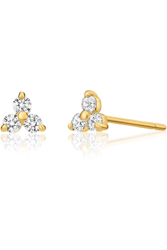 Solid 14k Gold Mini Lotus Cubic Zirconia Studs, Trefoil Trinity Triple Cluster Minimalist Earrings