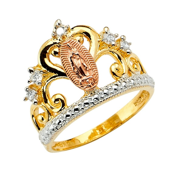 Solid 14k Gold Our Lady of Guadalupe Virgin Mary Crown Cubic Zirconia CZ Fashion Anniversary Ring Size 10