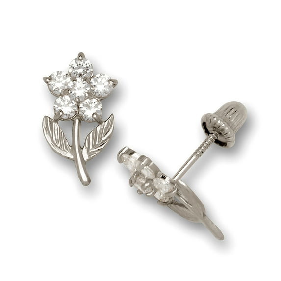 Solid 14k Gold Small CZ Flower With Leaf Stud Screw Back Earrings (5mm X 10mm) White Gold Stud Earring for Women