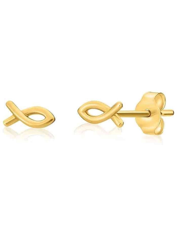 Solid 14k Gold Tiny Minimalist Fish Stud Earring for Multiple Piercings, Religious Christian Symbol, Pisces Zodiac Sign