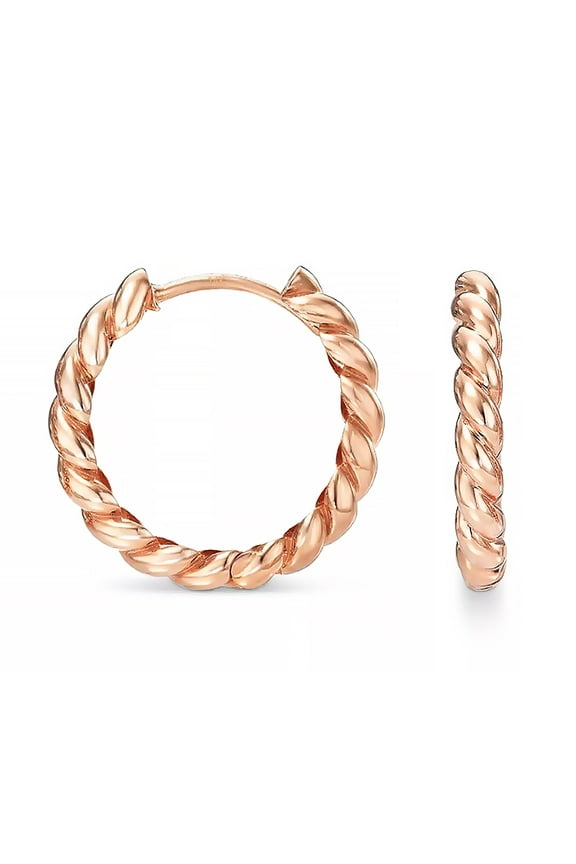 Solid 14k Gold Twisted Rope Round Huggie Hoop Earrings in Rose Gold, White Gold and Yellow Gold