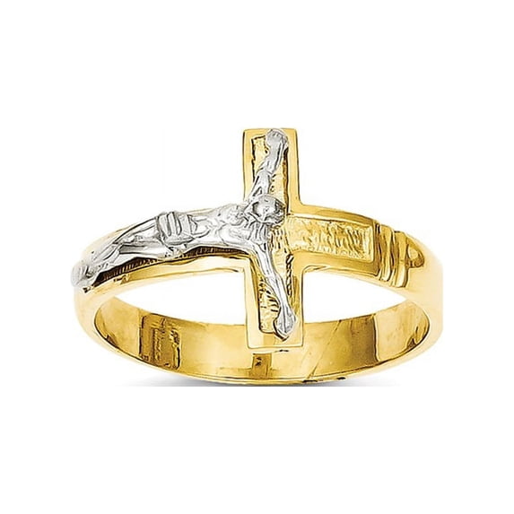 Solid 14k Gold Two-tone Polished & Diamond-Cut Mens Crucifix Cross Ring (3mm) - Size 10.5