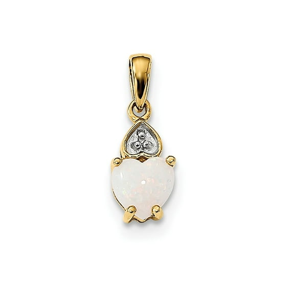 Solid 14k Gold with Diamond & Simulated Opal Polished Heart Pendant (6.2mm x 12.25mm)