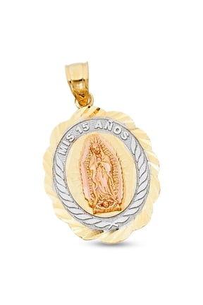 Solid 14k Quinceanera Pendant Sweet 15 Years Charm Mis Anos Tri Tone Gold Polished New 23 mm x 19 mm