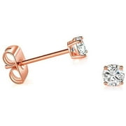 ART AND MOLLY Solid 14k Rose Gold Solitaire Round Cubic Zirconia CZ Stud Earrings with 14k Gold Butterfly Push Backings