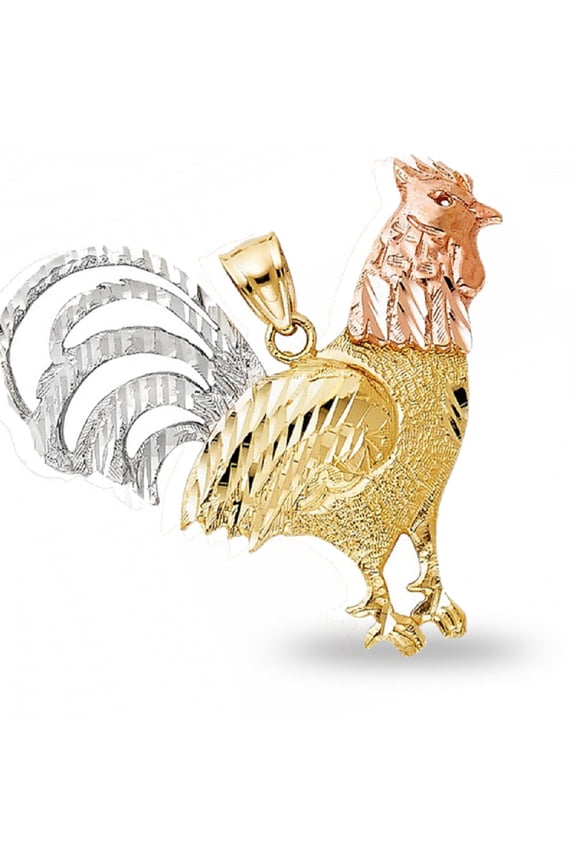 Solid 14k Tri Tone Gold Chinese Zodiac Charm Rooster Pendant Genuine Diamond Cut Chicken High Polished New 37 mm x 39 mm