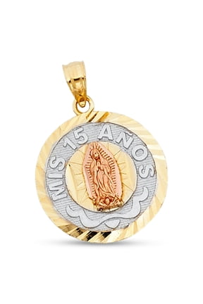 Solid 14k Tri Tone Gold Mis 15 Anos Pendant Sweet 15 Years Medal Charm Polished Genuine Diamond Cut New 18 mm x 18 mm