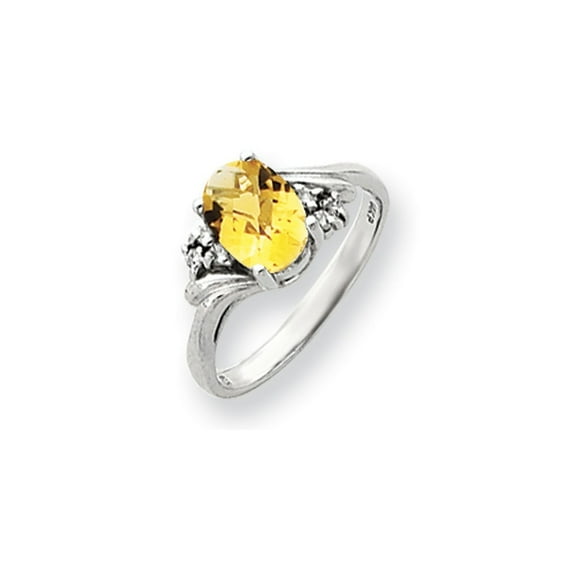 Solid 14k White Gold 10x8mm Oval Citrine Yellow November Gemstone Checker Diamond Engagement Ring Size 5.5 (.06 cttw.)