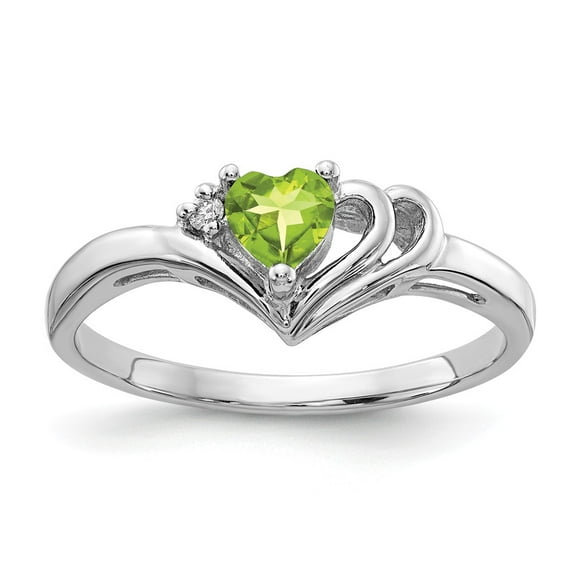 Solid 14k White Gold 4mm Heart Peridot Green August Gemstone VS Diamond Engagement Ring Size 7.5 (.012 cttw.)