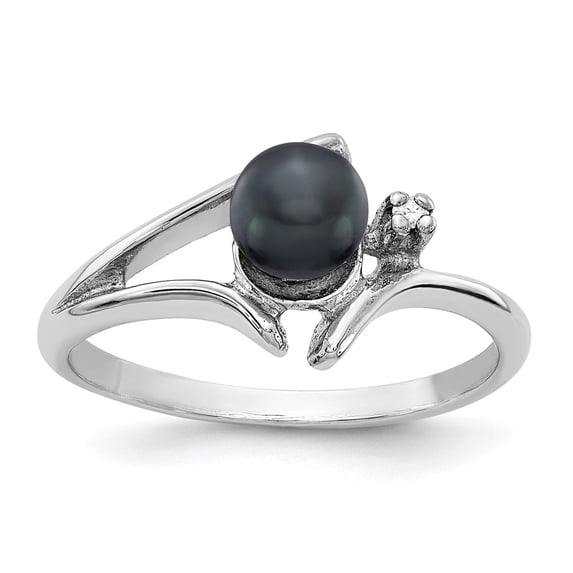 Solid 14k White Gold 5mm Black Freshwater Cultured Pearl Diamond Ring Band Size 6.5 (.01 cttw.)
