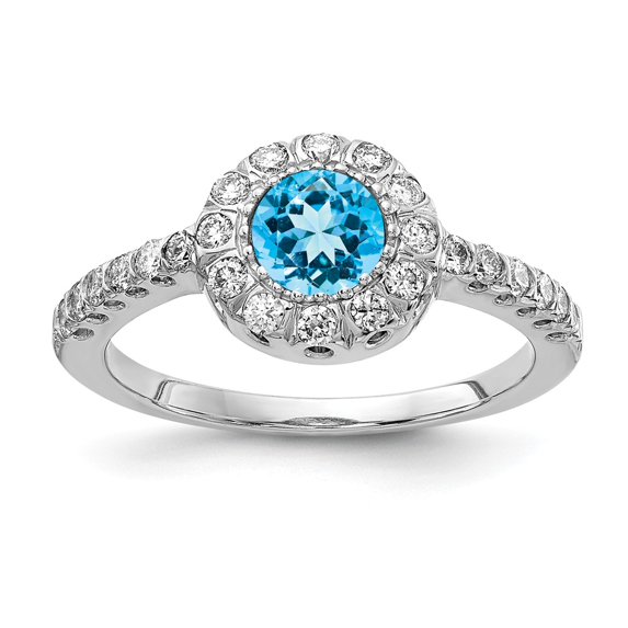 Solid 14k White Gold 5mm Blue Topaz Checker VS Diamond Engagement Ring Size 5.5 (.36 cttw.)