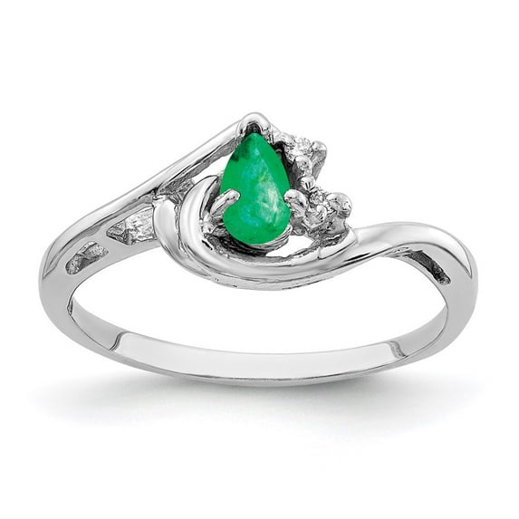 Solid 14k White Gold 5x3mm Pear Emerald Green May Gemstone Diamond Engagement Ring Size 5.5 (.016 cttw.)