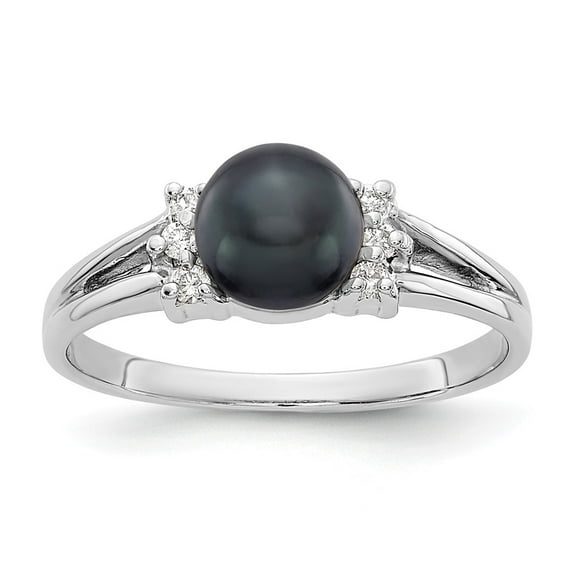 Solid 14k White Gold 6mm Black Freshwater Cultured Pearl Diamond Ring Band Size 5.5 (.072 cttw.)