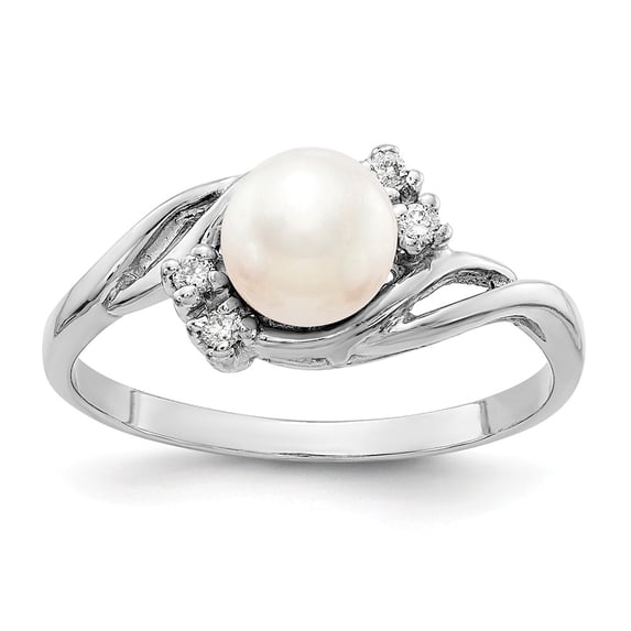 Solid 14k White Gold 6mm Freshwater Cultured Pearl Diamond Ring Band Size 8.5 (.048 cttw.)