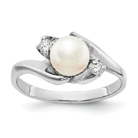 Solid 14k White Gold 6mm Freshwater Cultured Pearl VS Diamond Ring Band Size 7.5 (.082 cttw.)
